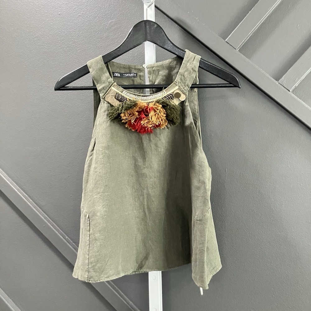 Zara Top Size XS 100% Linen Olive Green Embellished Tassel Beaded Sleeveless